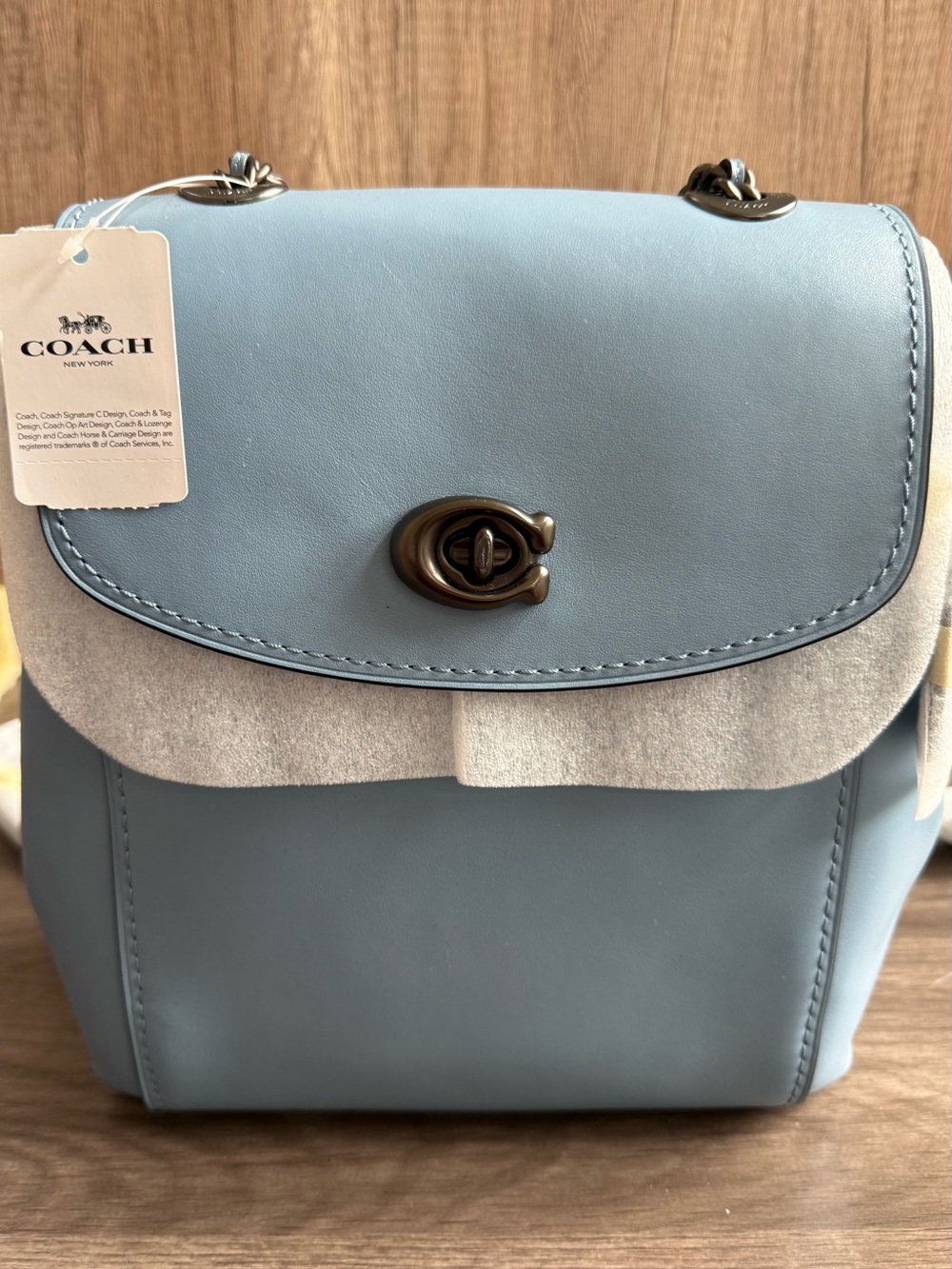 Coach Light Blue Leather Backpack with Suede Flap